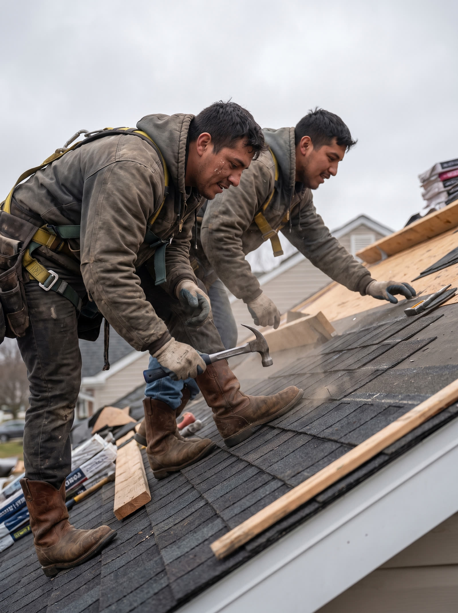 Roofing crew at work on a residential roof